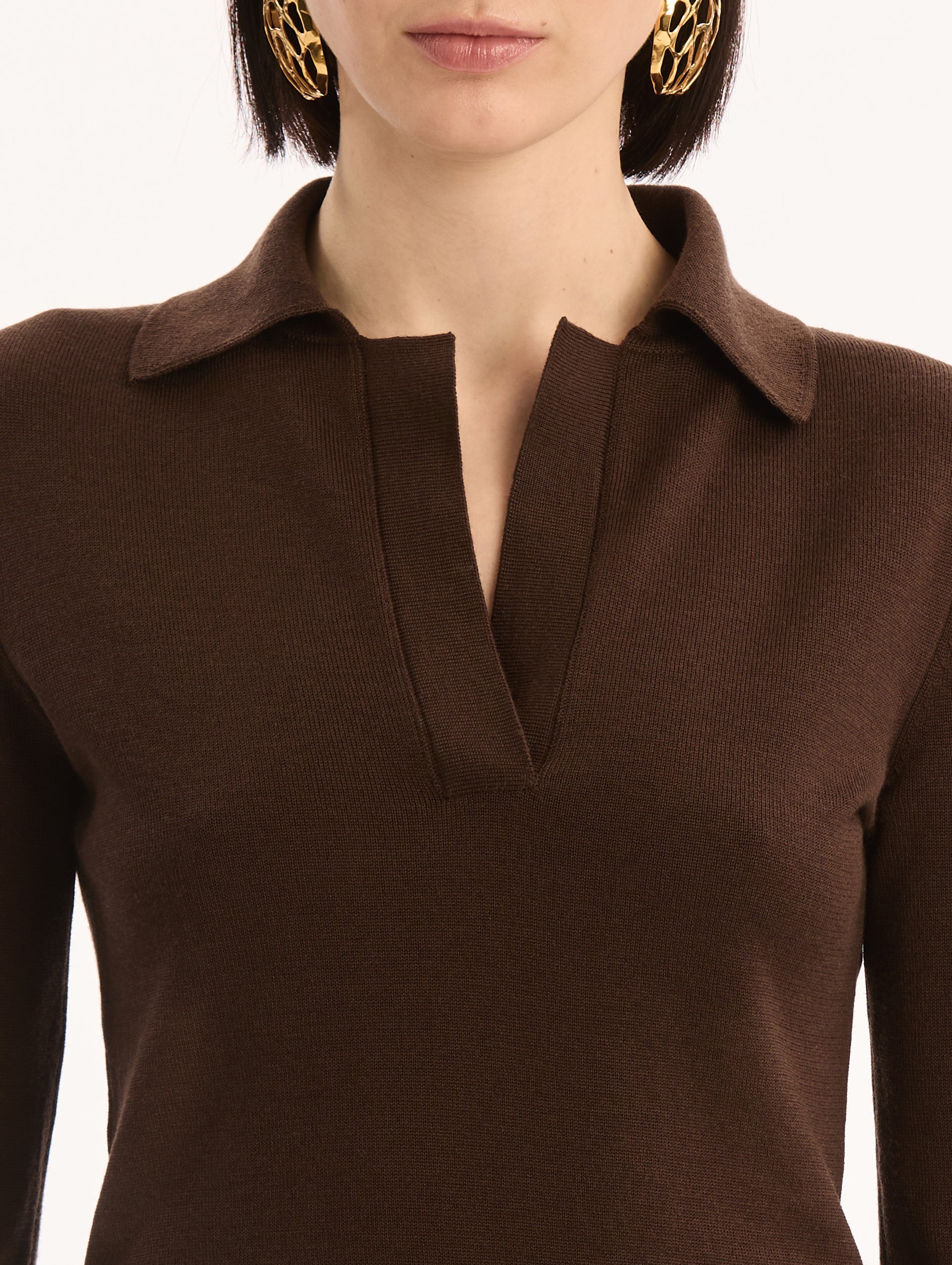 Dark Brown Wool Polo Cropped Pullover, V-Neck with Collar. Three Quarter Length Sleeves. Front View, Close Up.