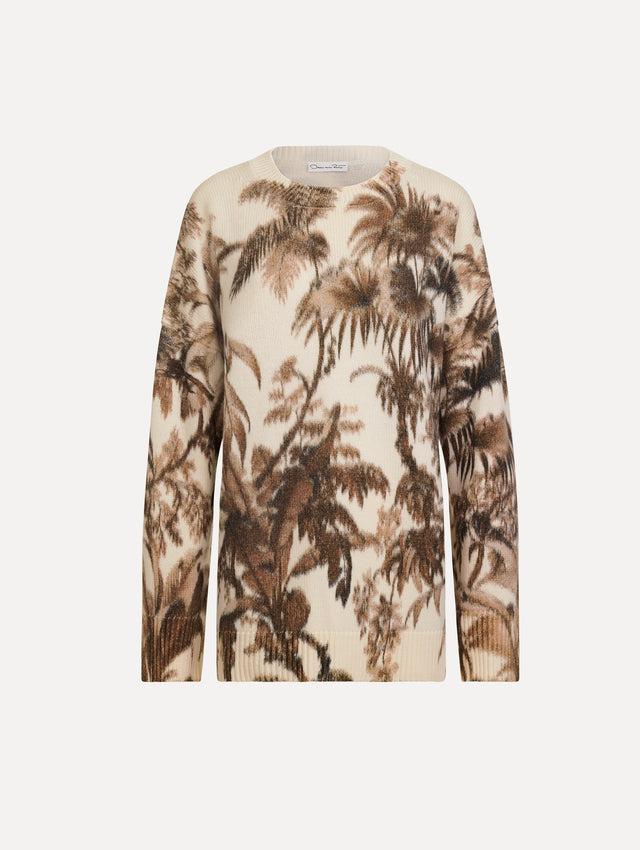 The Chiné Palm Leaves Oversized Pullover in ivory printed with brown palm leaves. Featuring a relaxed silhouette, crew neckline, and ribbed trims. Front View.