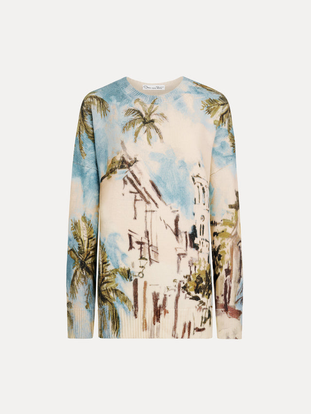 The Dominican Landscape Oversized Pullover. Featuring a crew neckline, long sleeves, ribbed trim, and an oversized fit. Front View.