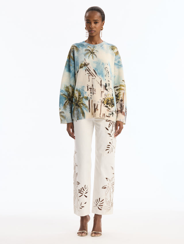 Long sleeve, crew neck pullover with Dominican Landscape Print. Front View.