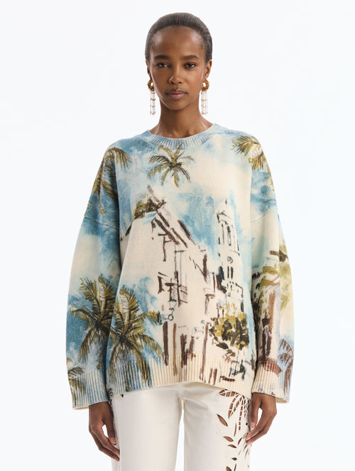 Long sleeve, crew neck pullover with Dominican Landscape Print. Front View.