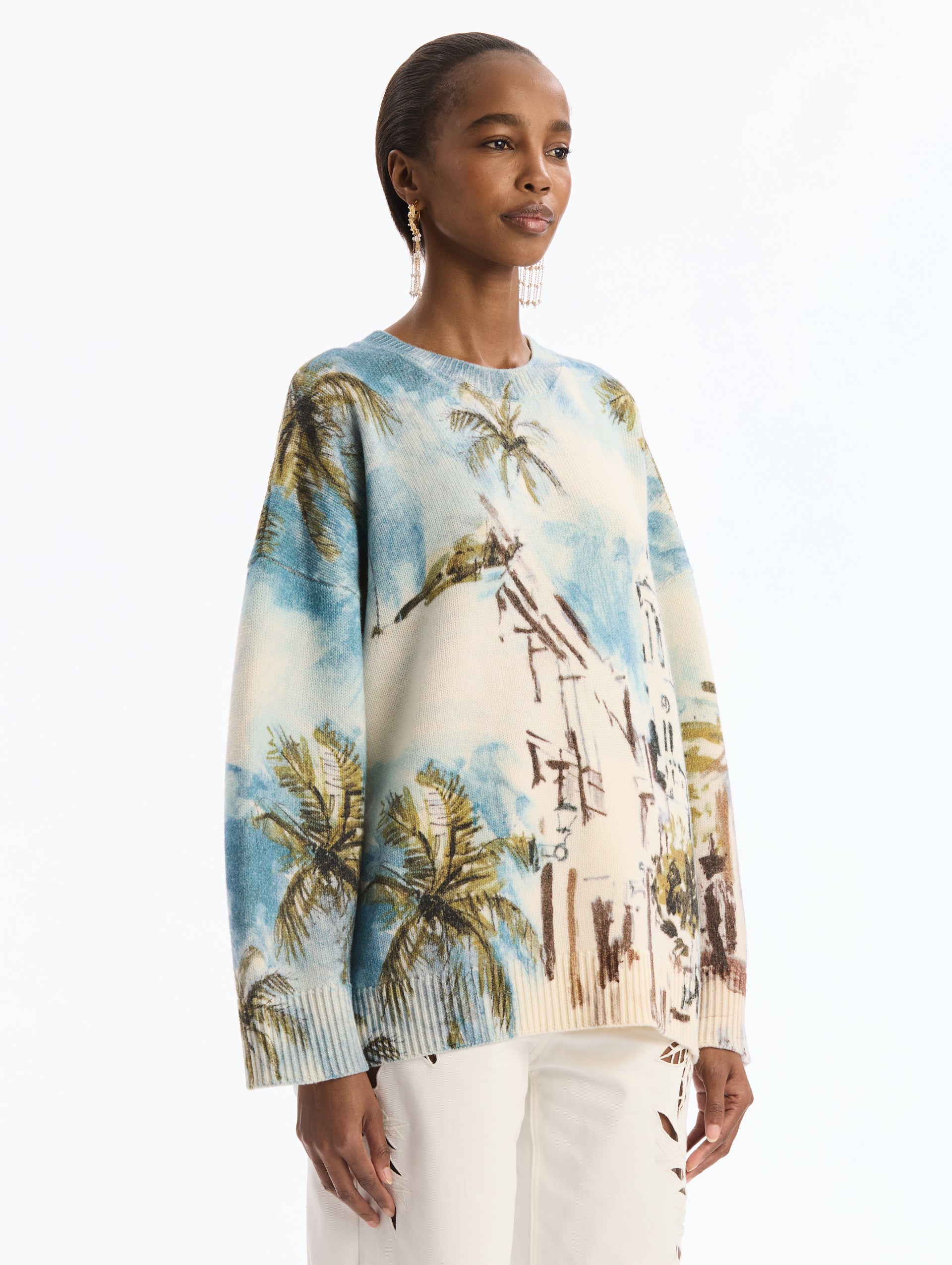Long sleeve, crew neck pullover with Dominican Landscape Print. Side View.