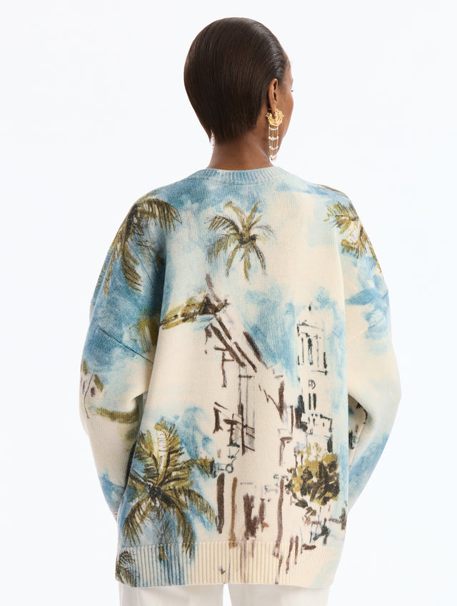 Long sleeve, crew neck pullover with Dominican Landscape Print. Back View.