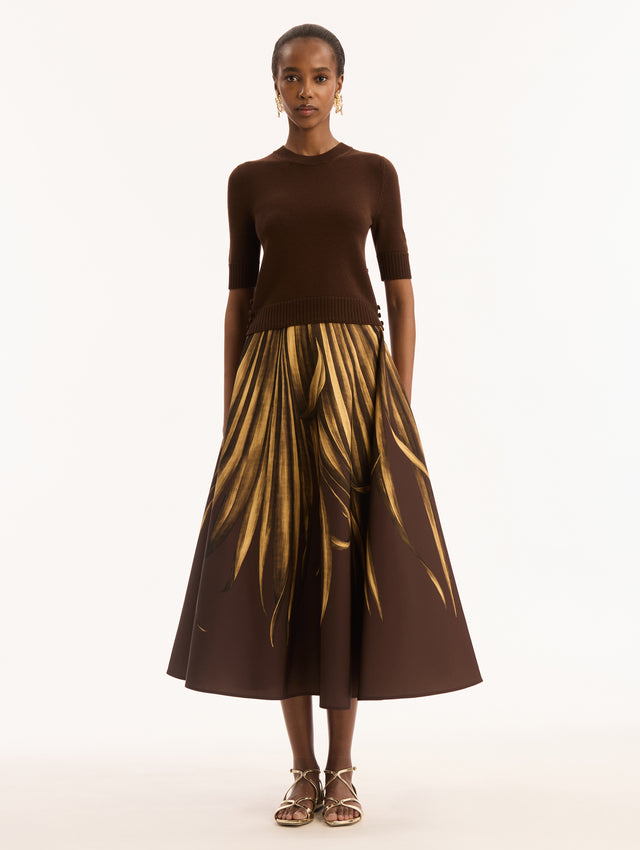 Dark Brown, Short Sleeve, Crew Neck, Pullover. Button Detailing on Side. Front View. 