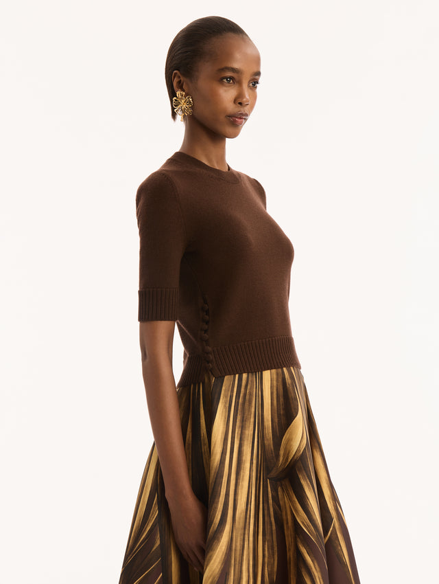 Dark Brown, Short Sleeve, Crew Neck, Pullover. Button Detailing on Side.Side View. 