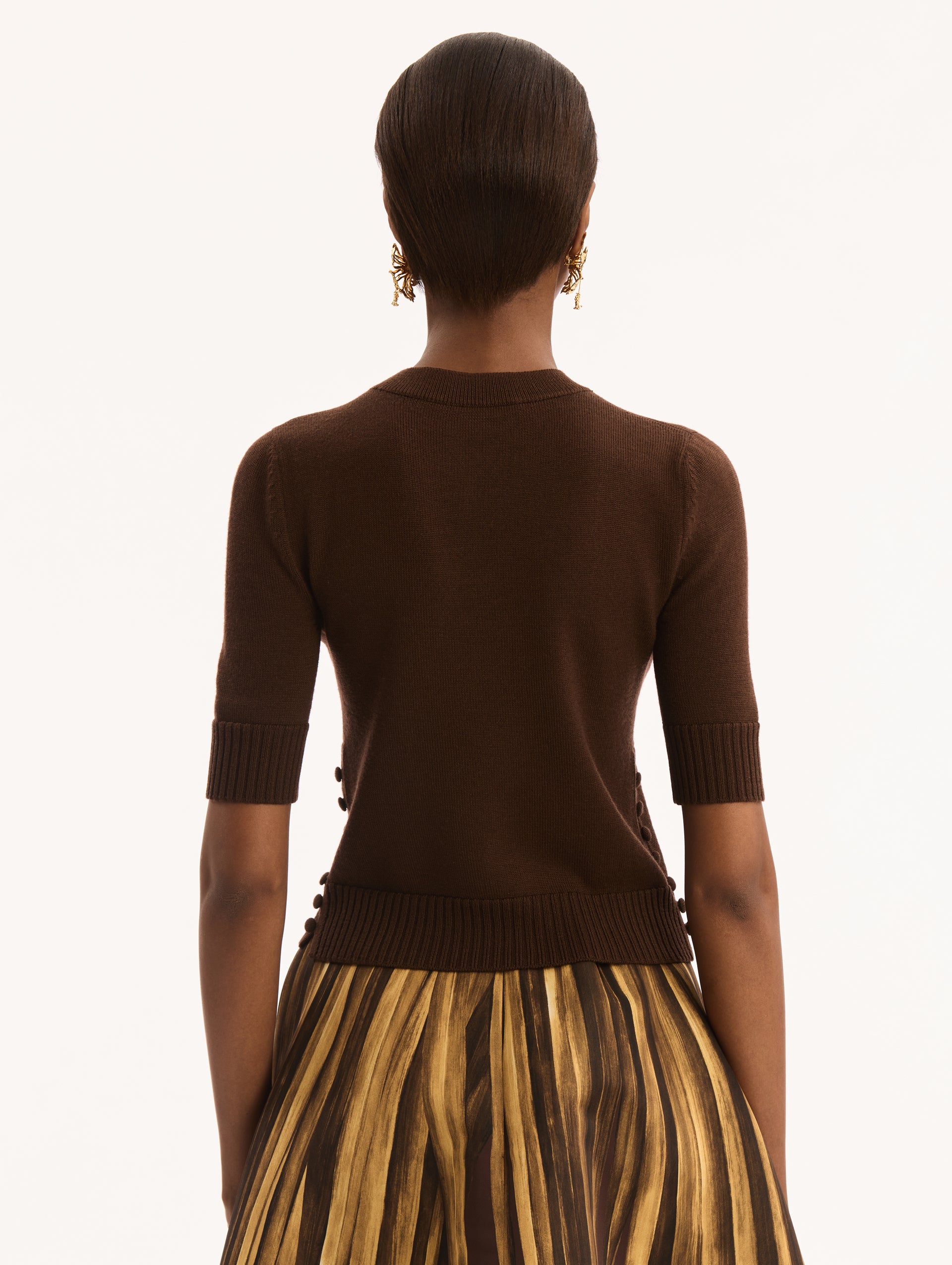 Dark Brown, Short Sleeve, Crew Neck, Pullover. Button Detailing on Side.Back View. 