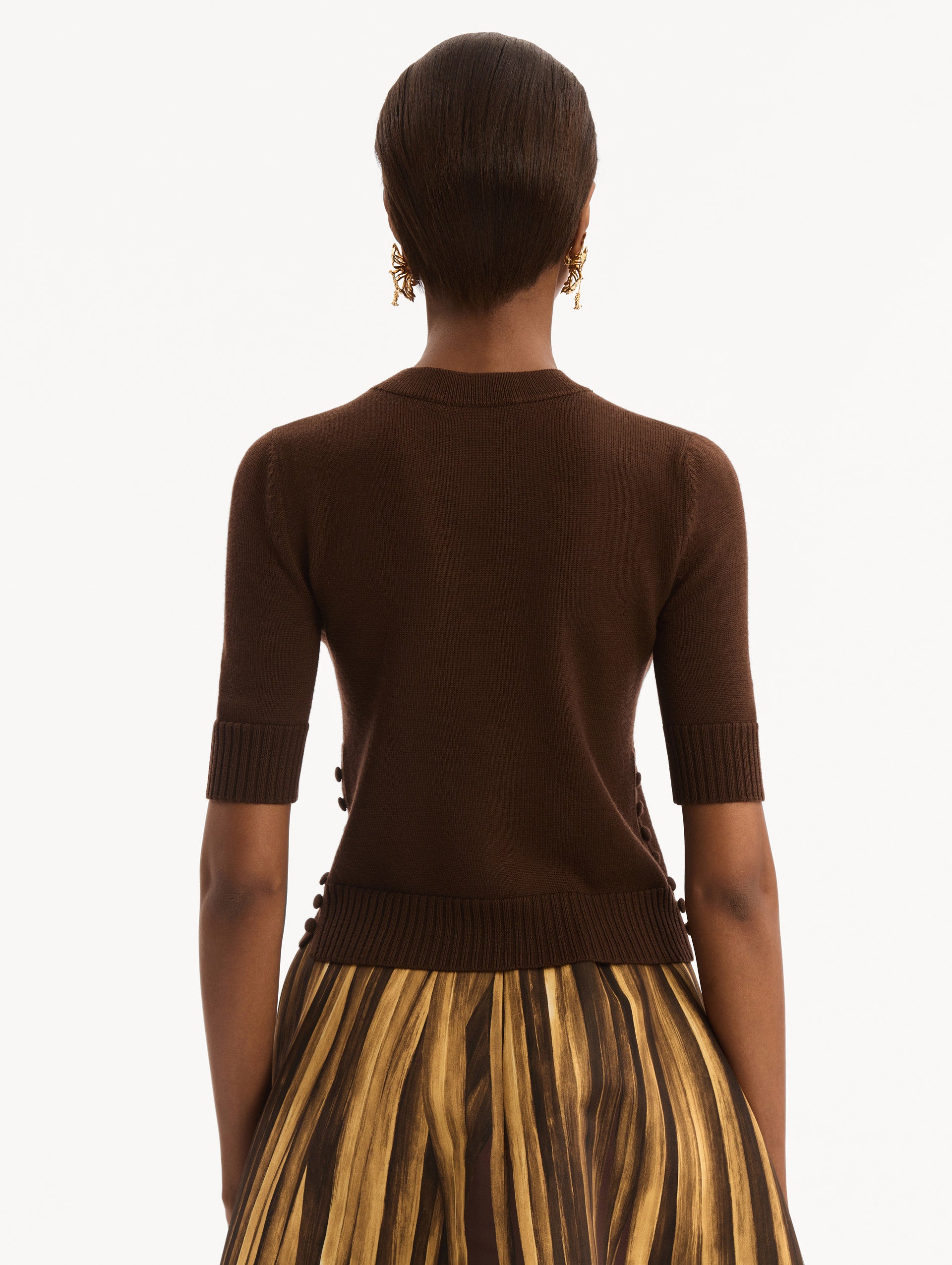 Button-Detail Pullover in mahogany. back view.