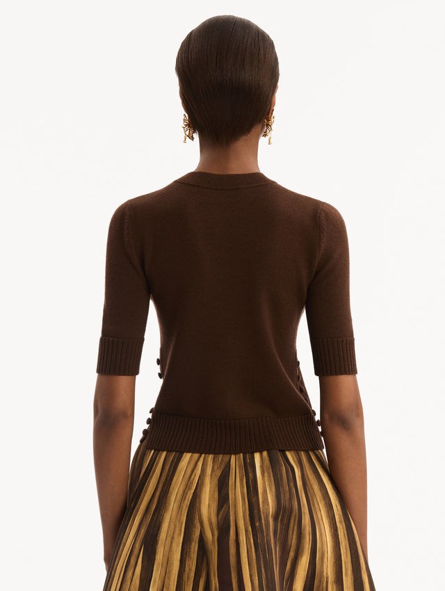 Button-Detail Pullover in mahogany. back view.