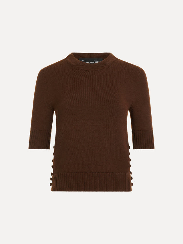 Button-Detail Pullover in Mahogany. Front view.