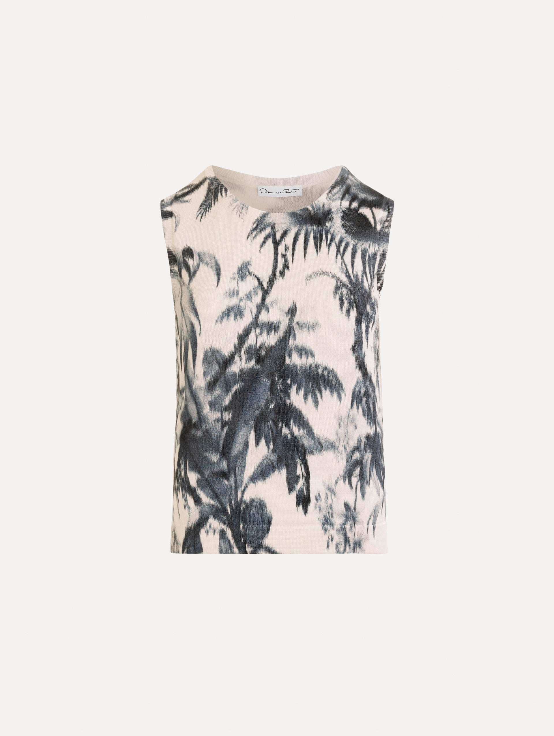 The Chiné Palm Leaves Tank in Navy and White. Featuring a crew neckline and banded trim. Front View.