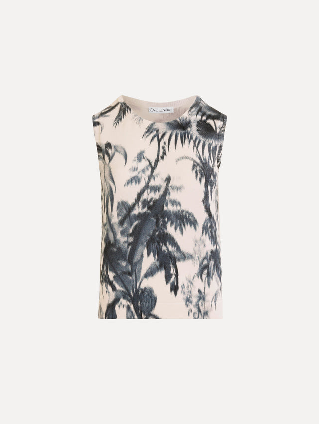 The Chiné Palm Leaves Tank in Navy and White. Featuring a crew neckline and banded trim. Front View.