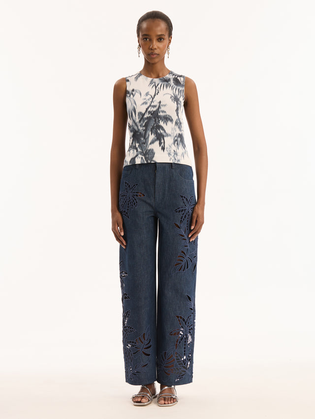 Sleeveless, Ivory, Crew Neck Tank with Navy Chiné Palm Leaves Print. Front View