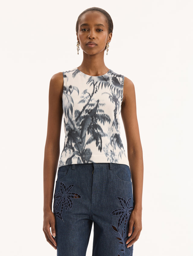 Sleeveless, Ivory, Crew Neck Tank with Navy Chiné Palm Leaves Print. Front View