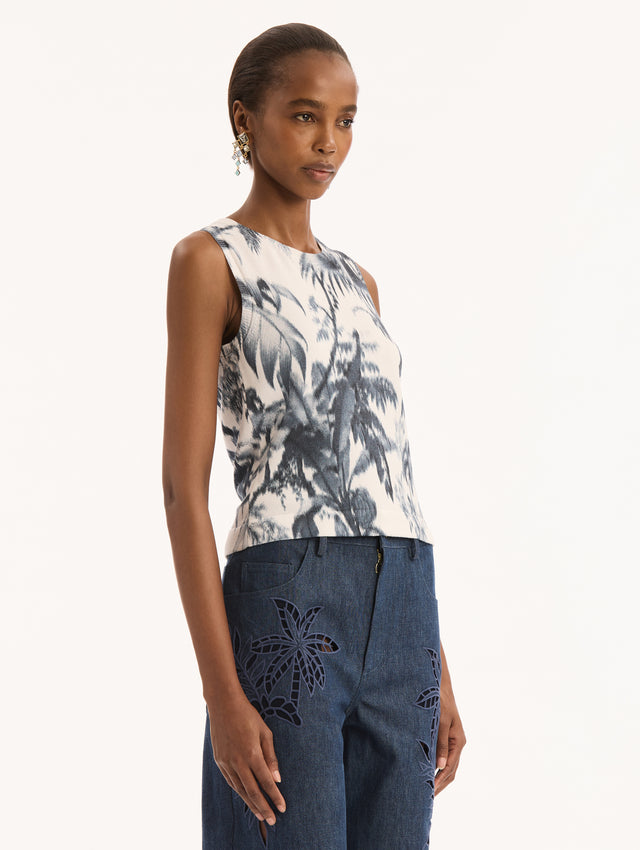 Sleeveless, Ivory, Crew Neck Tank with Navy Chiné Palm Leaves Print. Side View