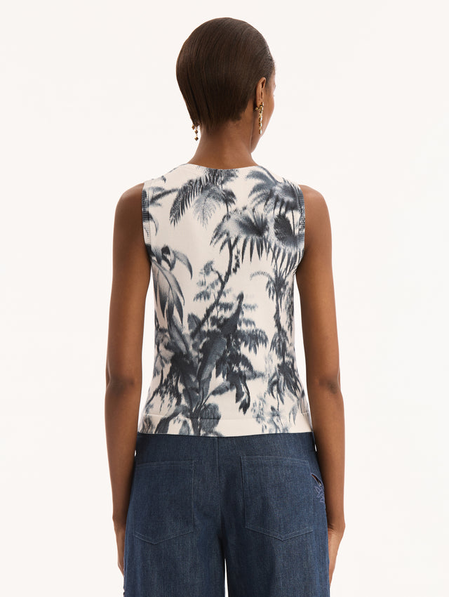 Sleeveless, Ivory, Crew Neck Tank with Navy Chiné Palm Leaves Print. Back View