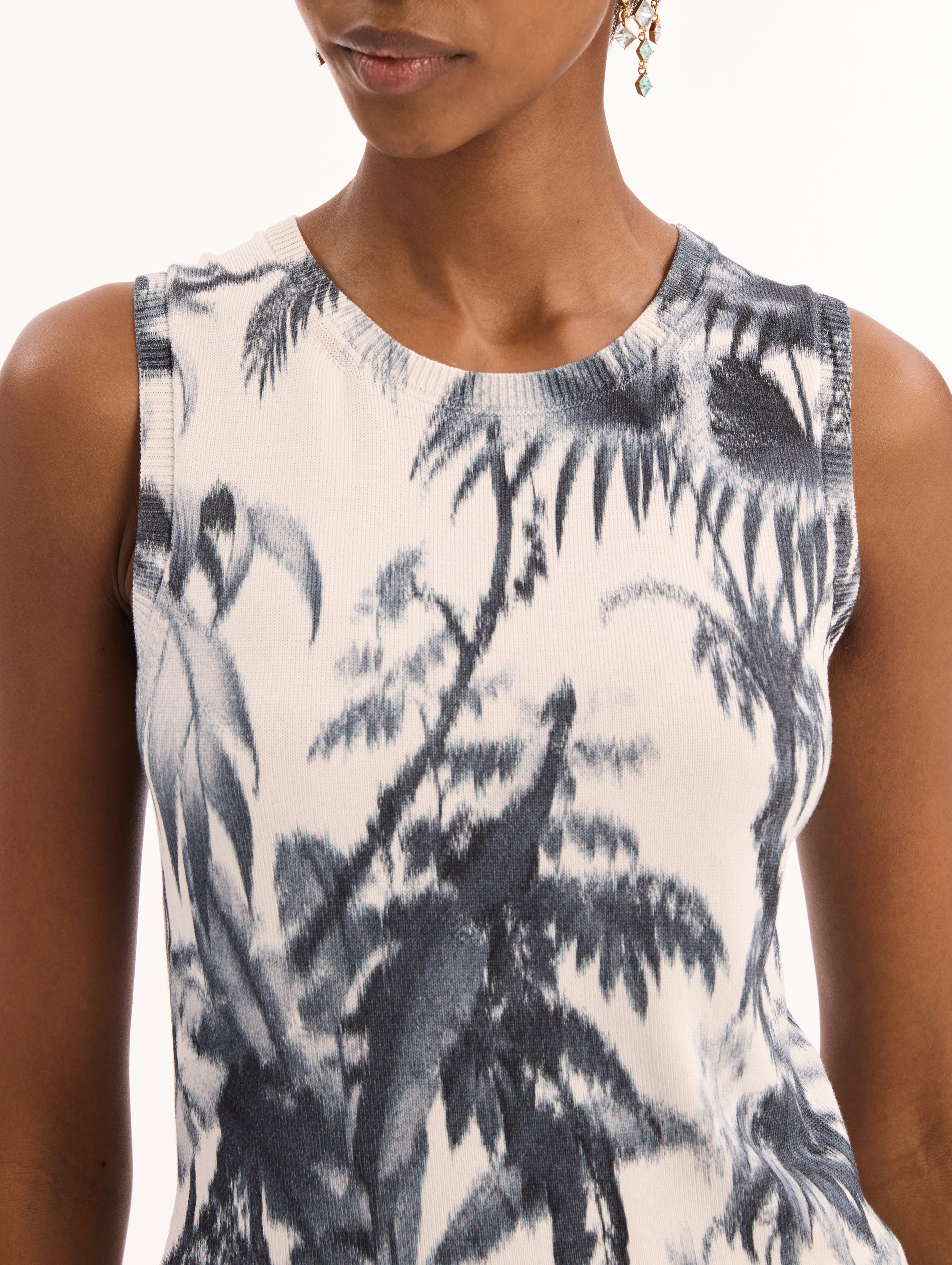 Sleeveless, Ivory, Crew Neck Tank with Navy Chiné Palm Leaves Print. Front View