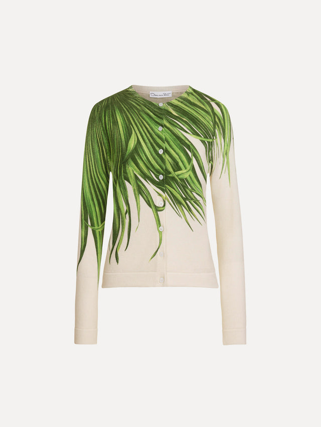 The Palm Leaves Cardigan in Green and Ivory. Featuring front button closures, a crew neckline, long sleeves, and banded trim. Front View.