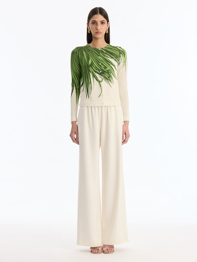Ivory, Button Up, Long sleeve Cardigan with Green Palm Leaves Print. Front View.