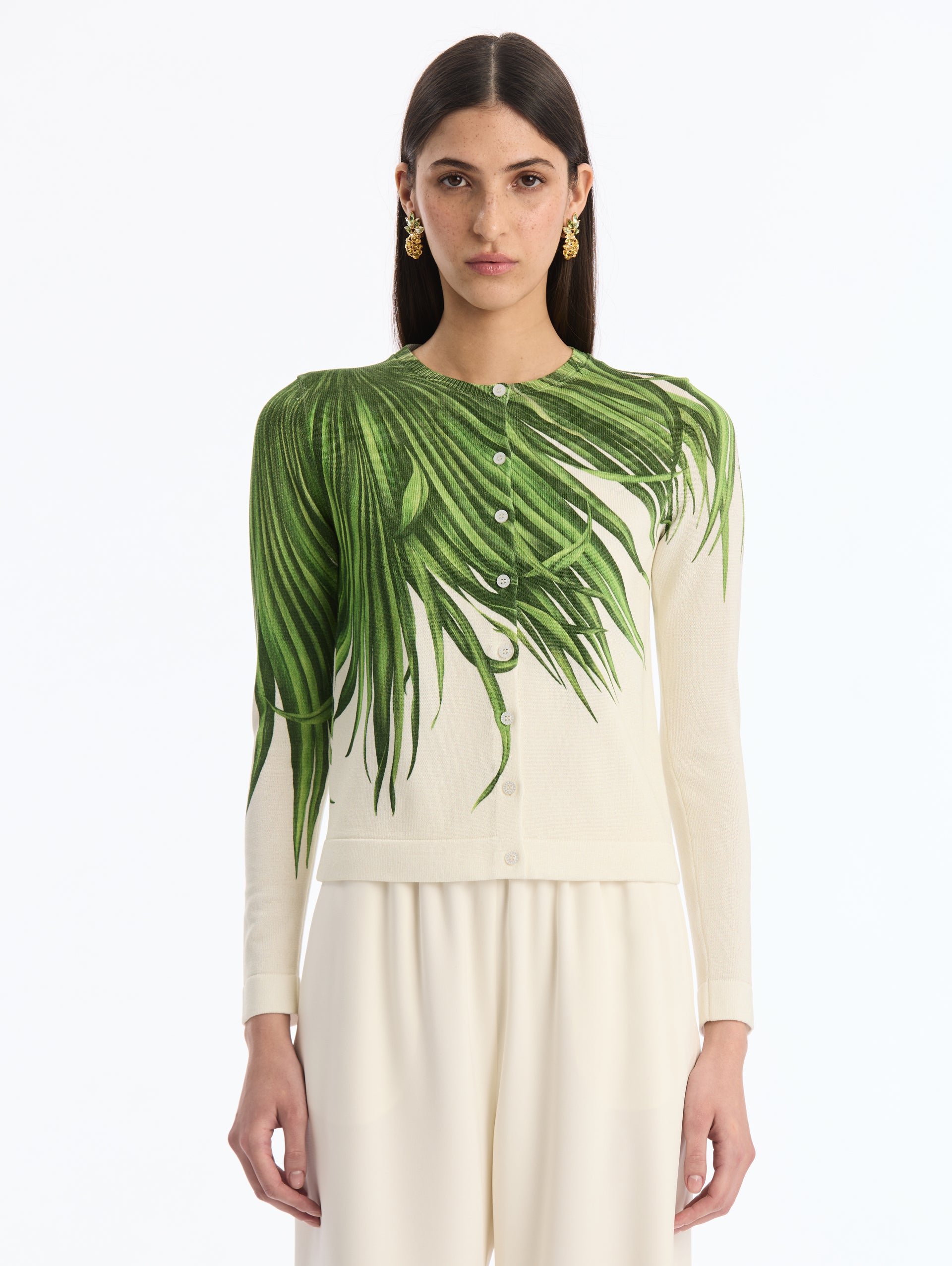 Ivory, Button Up, Long sleeve Cardigan with Green Palm Leaves Print. Front View.