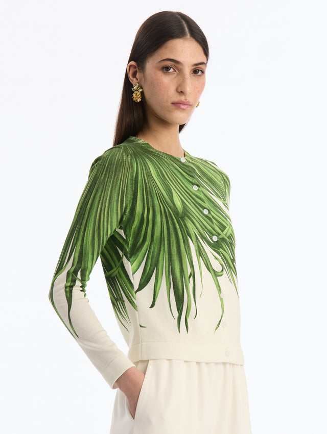 Ivory, Button Up, Long sleeve Cardigan with Green Palm Leaves Print. Side View.