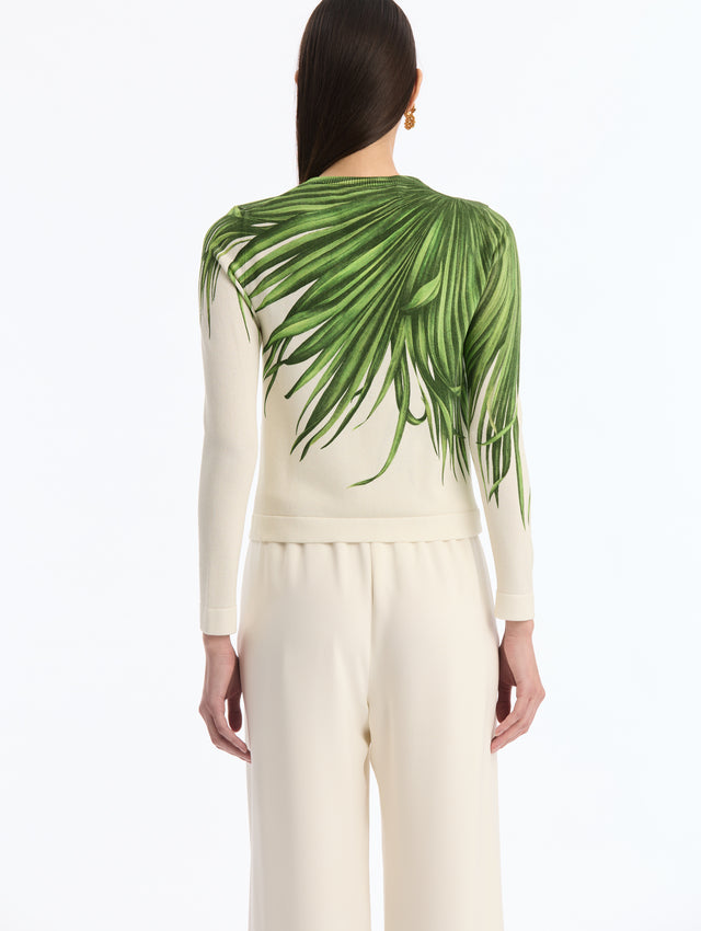 Ivory, Button Up, Long sleeve Cardigan with Green Palm Leaves Print. back View.