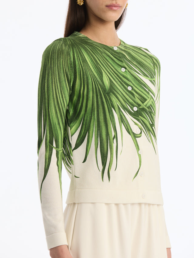Ivory, Button Up, Long sleeve Cardigan with Green Palm Leaves Print. Side View.