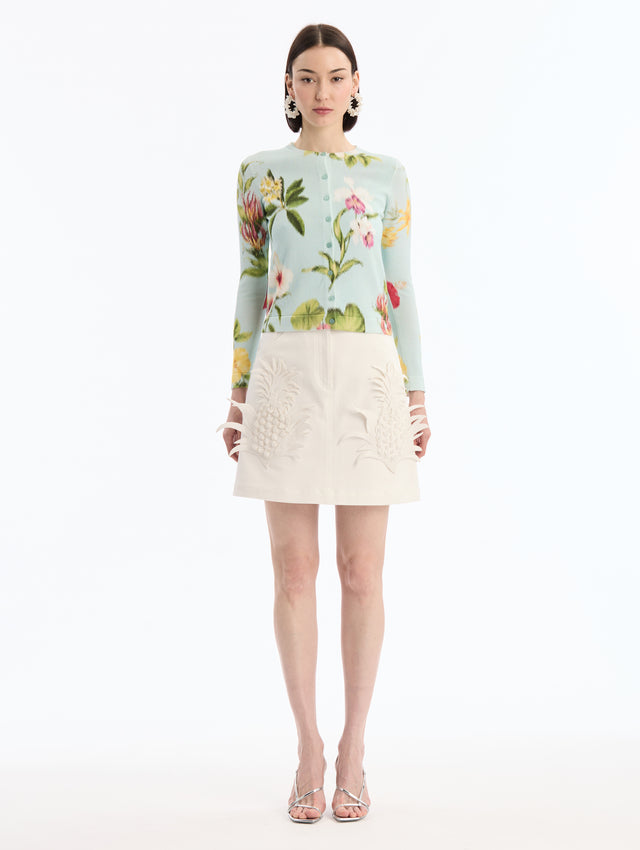 Light Blue Long Sleeve Cardigan with Chiné Dominican Mixed-Floral Print. Front View. 