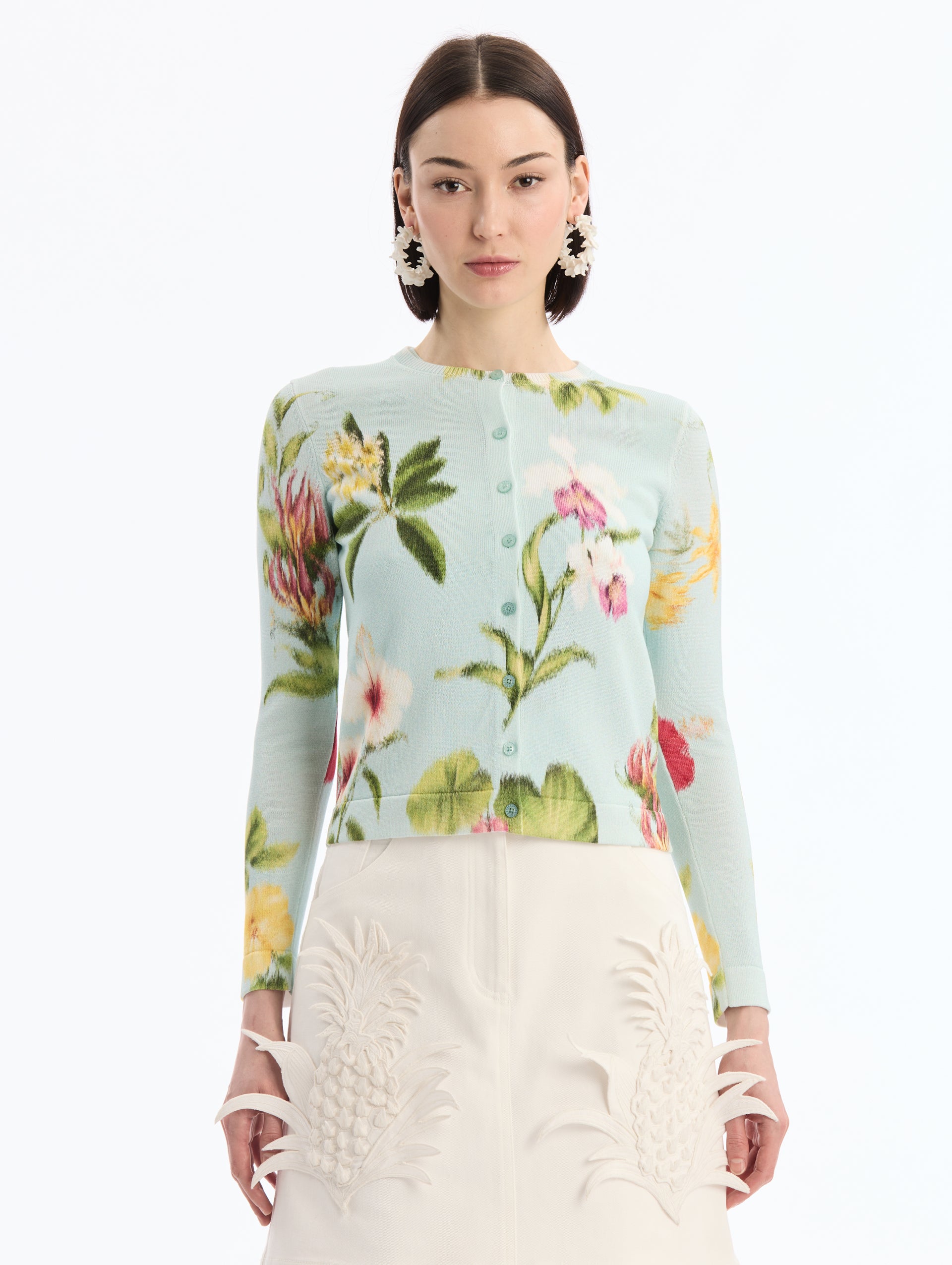 Light Blue Long Sleeve Cardigan with Chiné Dominican Mixed-Floral Print. Front View. 