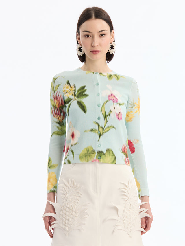 Light Blue Long Sleeve Cardigan with Chiné Dominican Mixed-Floral Print. Front View. 