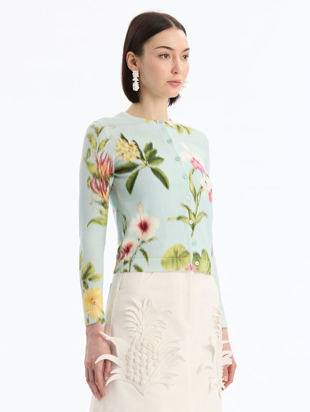 Light Blue Long Sleeve Cardigan with Chiné Dominican Mixed-Floral Print. Side View. 