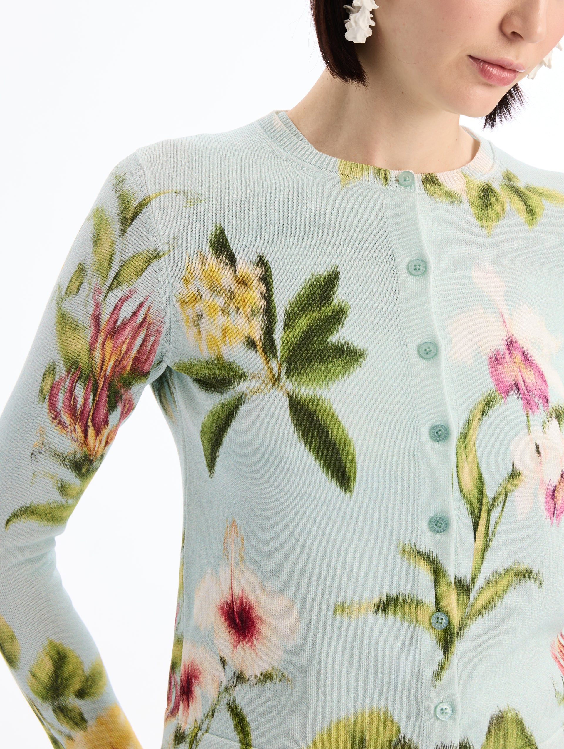 Light Blue Long Sleeve Cardigan with Chiné Dominican Mixed-Floral Print. Front View. 