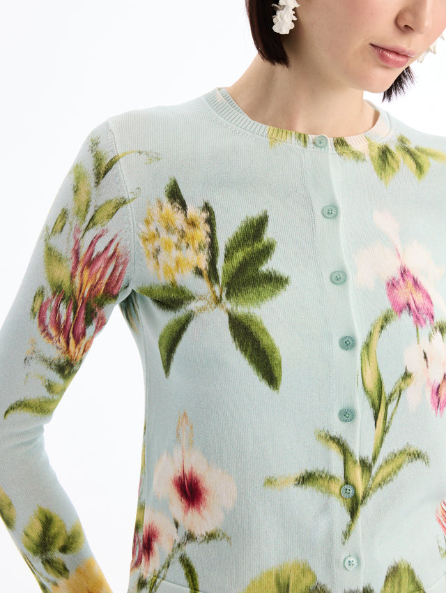 Light Blue Long Sleeve Cardigan with Chiné Dominican Mixed-Floral Print. Front View. 