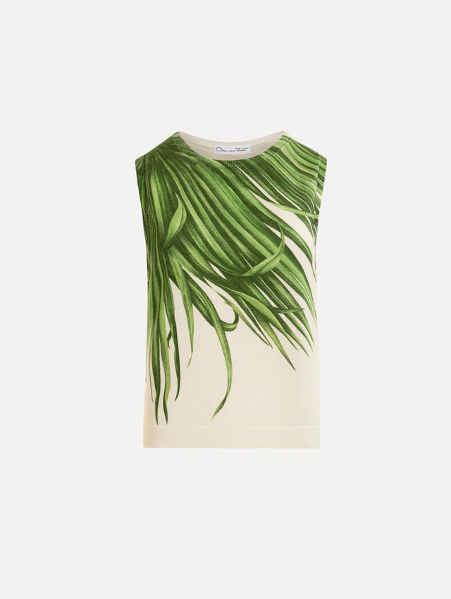 The Palm Leaves Tank in Green and Ivory. Featuring a crew neckline and banded trim. Front View.
