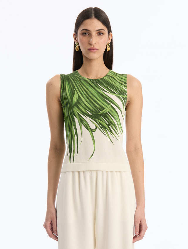 Sleeveless, Ivory, Crew Neck Tank Top with Green Palm Leaves Print. Front View. 