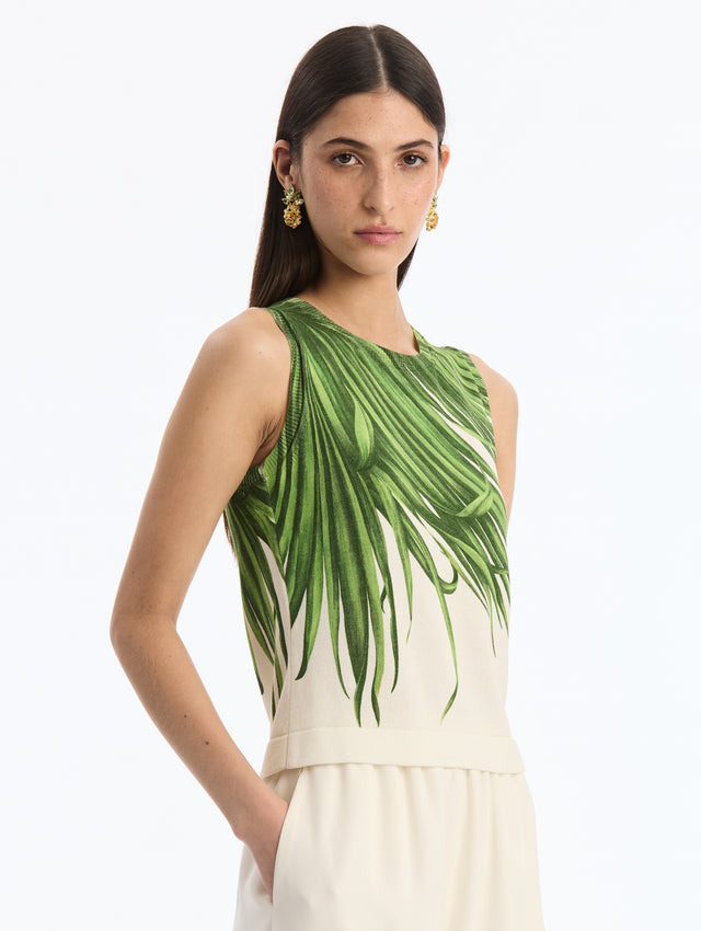Sleeveless, Ivory, Crew Neck Tank Top with Green Palm Leaves Print. Side View. 