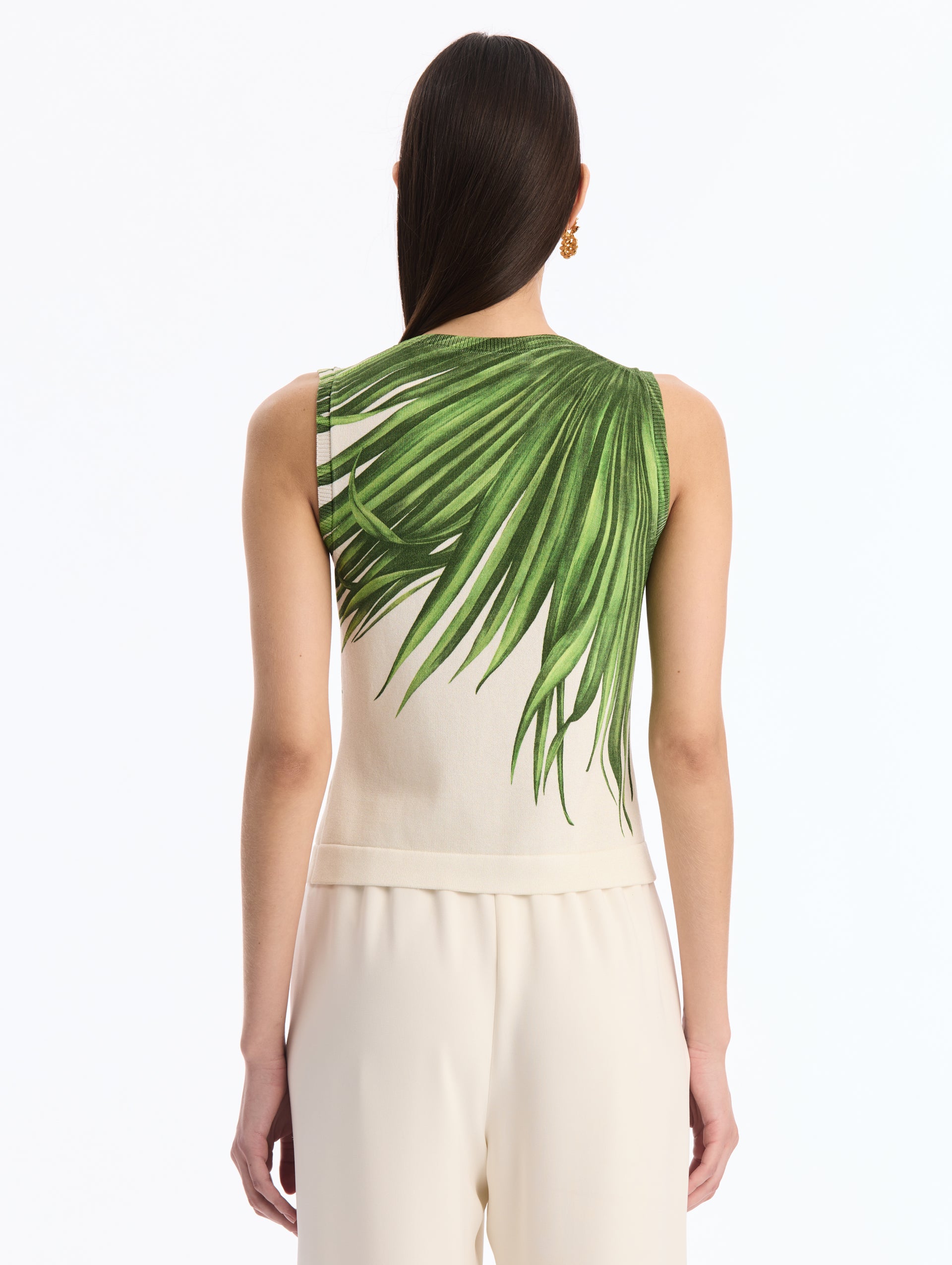 Sleeveless, Ivory, Crew Neck Tank Top with Green Palm Leaves Print. Back View. 