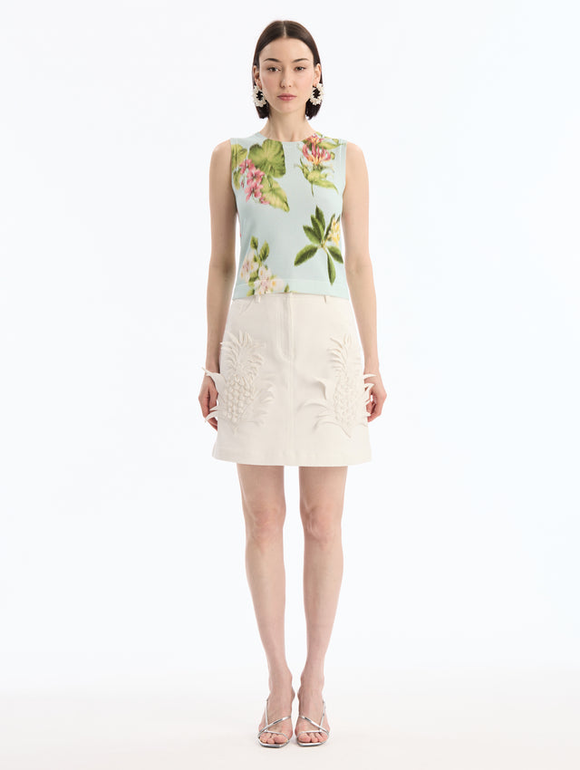 Light Blue Tank Top with Chiné Dominican Mixed-Floral Print. Sleeveless, Crew Neck. Front View. 