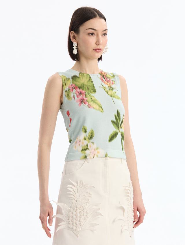 Light Blue Tank Top with Chiné Dominican Mixed-Floral Print. Sleeveless, Crew Neck. Side View. 