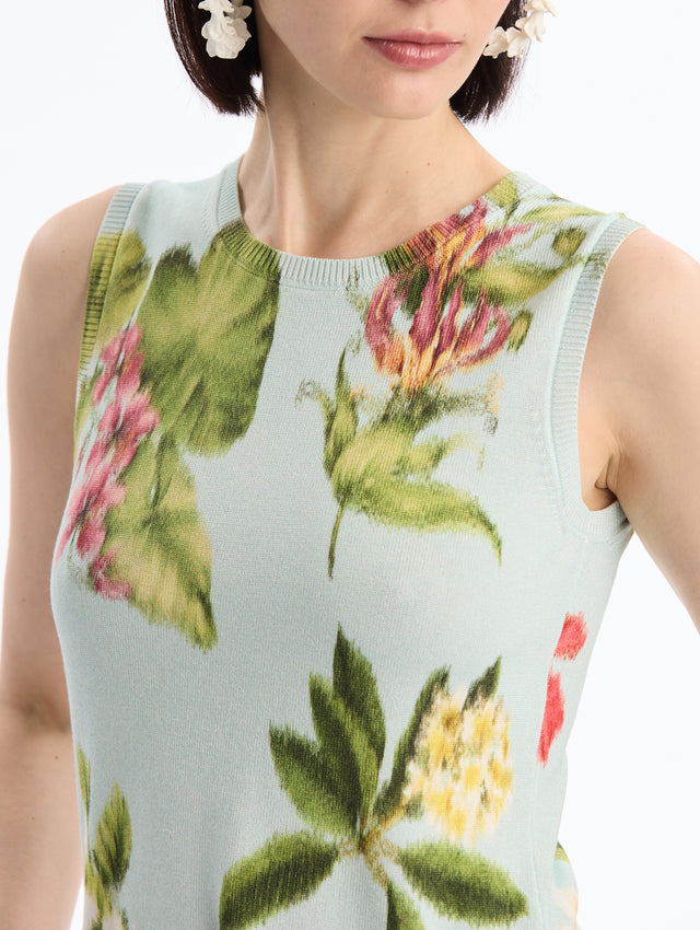 Light Blue Tank Top with Chiné Dominican Mixed-Floral Print. Sleeveless, Crew Neck. Side View. 