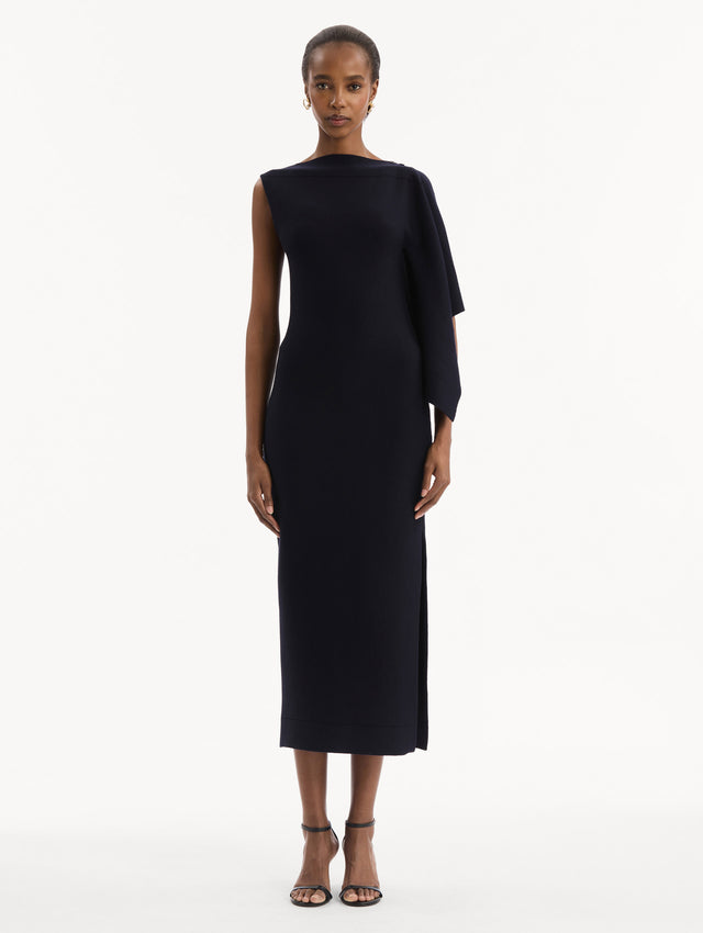 Hibiscus Brooch Knit Dress in Navy. Front View.