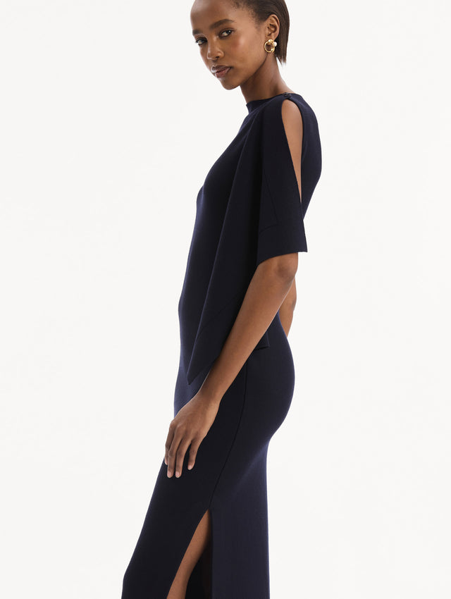 Hibiscus Brooch Knit Dress in Navy. Zoom view.