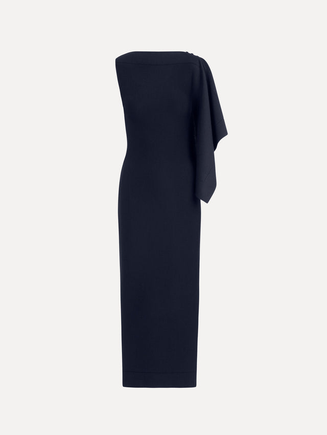 Hibiscus Brooch Knit Dress in Navy. Front View.