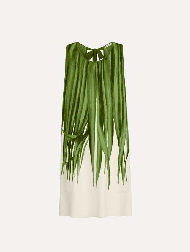 Palm Leaves Jacquard Shift Dress in Green and Ivory print. Front View.