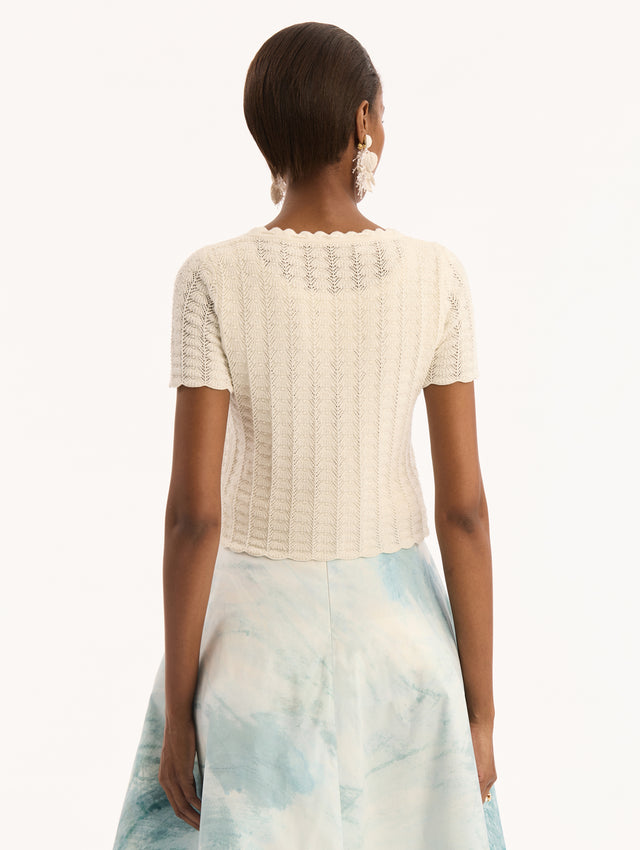 Ivory Pointelle Weave Cardigan. Shortsleeved, Scalloped edges. Bow and Tassel Closure. Back View.