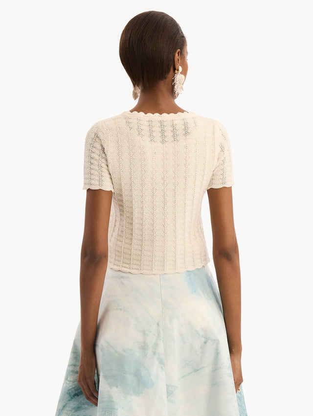 The model is wearing the Pointelle Weave Cardigan in Ivory. Featuring a scoop neckline, short sleeves, scalloped edges, and a front tie closure. Back View.