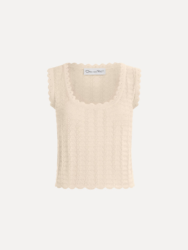 The Pointelle Weave Tank in Ivory. Featuring a scoop neckline, thick tank straps, and scalloped edges. Front View.