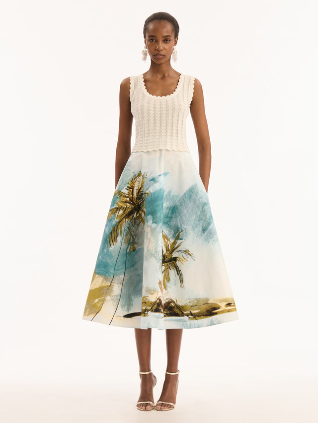 Scalloped Ivory Pointelle Weave Scoop Neck Tank Top. Front View. 