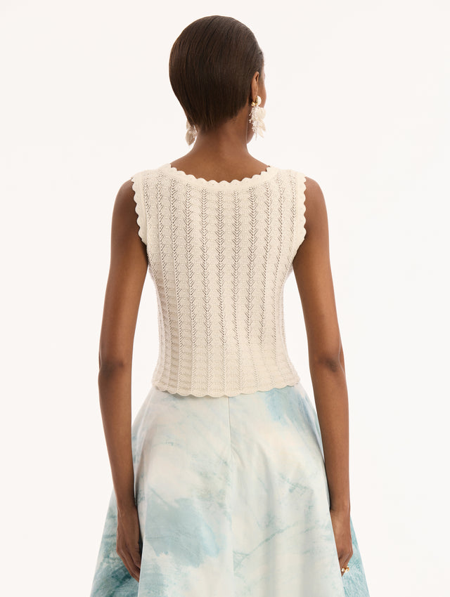 Scalloped Ivory Pointelle Weave Scoop Neck Tank Top. Back View. 