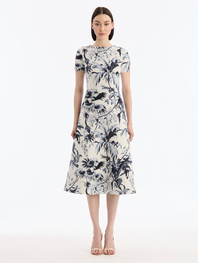 White Knit, Short sleeve Midi Dress with Navy Chiné Palm Leaves Print. Front View.