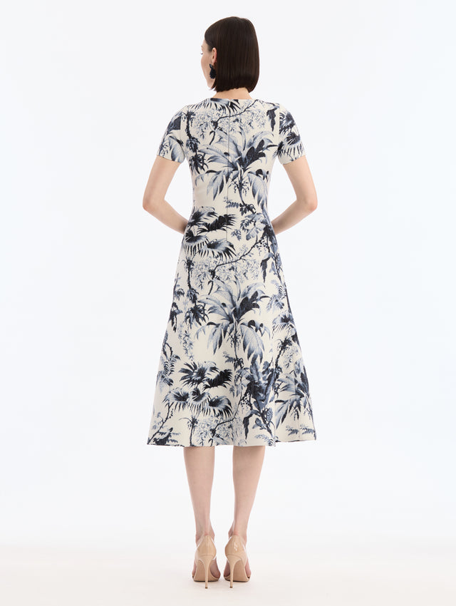 White Knit, Short sleeve Midi Dress with Navy Chiné Palm Leaves Print. Back View.